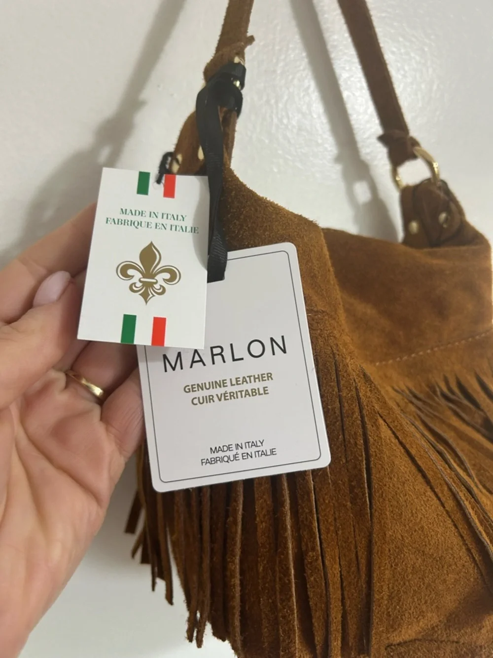 NWT Marlon Made in Italy Suede Hobo Bucket Bag Crossbody with Fringe Trim